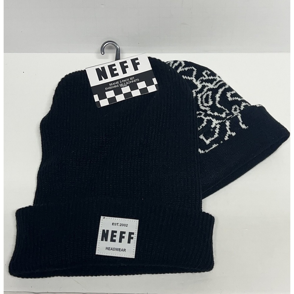 MENS NEFF Black White Smiley Face BEANIE 2-PACK SET HAT ONE‎ SIZE NEW Winter Cap